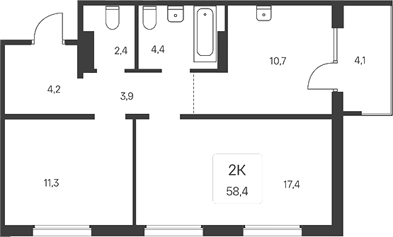 Планировка 2-к. квартира 56.35 м² в ЖК «Эко-квартал на Кедровой»