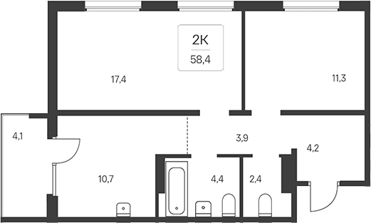 Планировка 2-к. квартира 57.17 м² в ЖК «Эко-квартал на Кедровой»