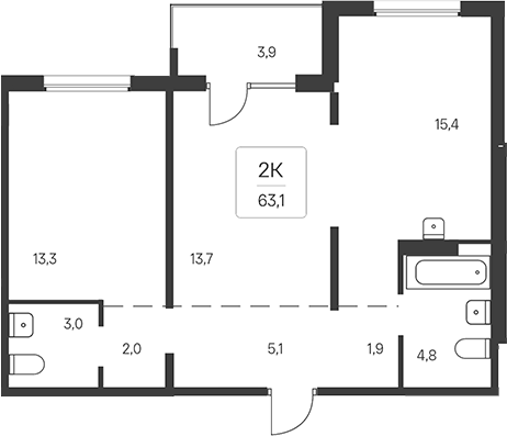 Планировка 2-к. квартира 61.15 м² в ЖК «Эко-квартал на Кедровой»