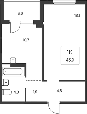 Планировка 1-к.кв 42.10 м² в ЖК «Эко-квартал на Кедровой»