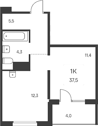 Планировка 1-к.кв 35.50 м² в ЖК «Эко-квартал на Кедровой»