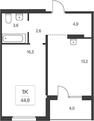 Планировка 1-к.кв 42.90 м² в ЖК «Эко-квартал на Кедровой»