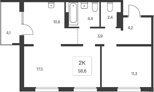 Планировка 2-к. квартира 57.37 м² в ЖК «Эко-квартал на Кедровой»