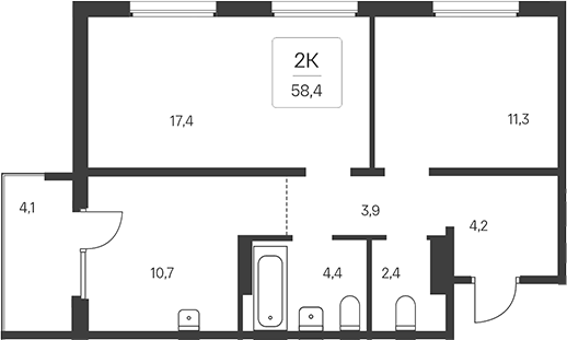 Планировка 2-к. квартира 57.17 м² в ЖК «Эко-квартал на Кедровой»