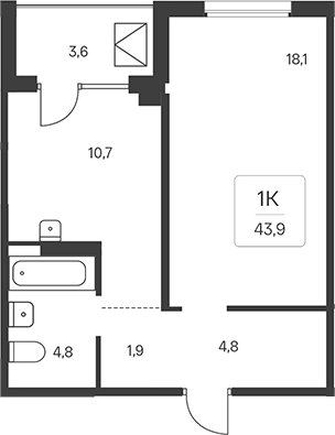 Планировка 1-к.кв 42.10 м² в ЖК «Эко-квартал на Кедровой»