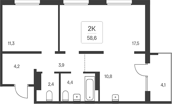 Планировка 2-к. квартира 56.55 м² в ЖК «Эко-квартал на Кедровой»