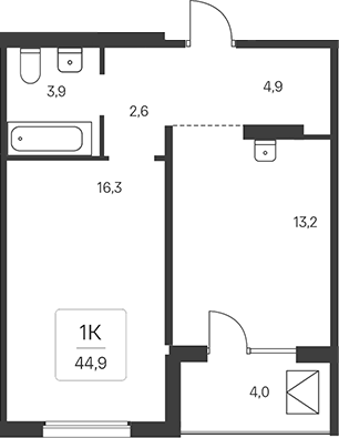 Планировка 1-к.кв 42.90 м² в ЖК «Эко-квартал на Кедровой»