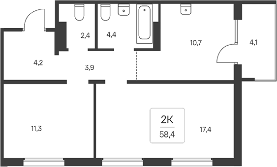 Планировка 2-к. квартира 56.35 м² в ЖК «Эко-квартал на Кедровой»
