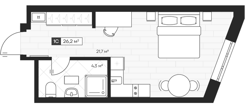 Планировка студии 26.23 м² в ЖК «Апартвилль на Кошурникова»