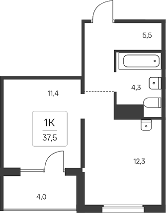 Планировка 1-к.кв 35.50 м² в ЖК «Эко-квартал на Кедровой»