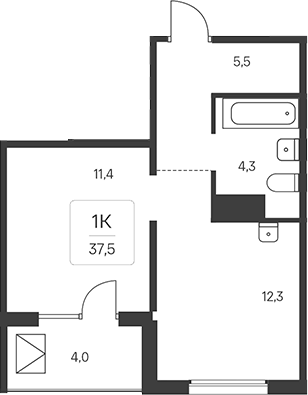 Планировка 1-к.кв 35.50 м² в ЖК «Эко-квартал на Кедровой»