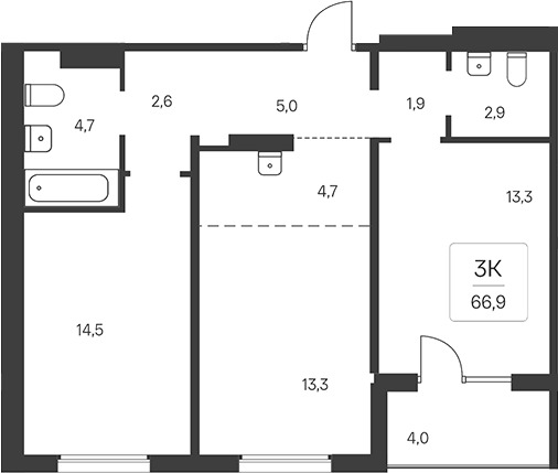Планировка 3-к. квартира 64.90 м² в ЖК «Эко-квартал на Кедровой»