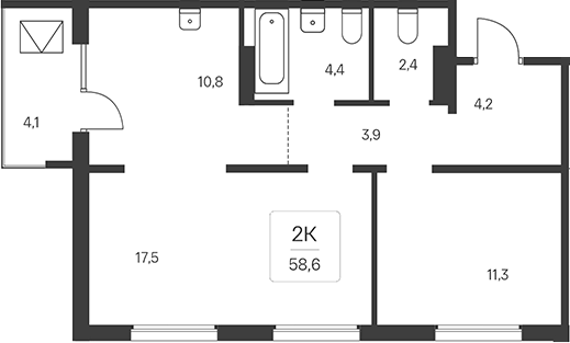 Планировка 2-к. квартира 57.37 м² в ЖК «Эко-квартал на Кедровой»