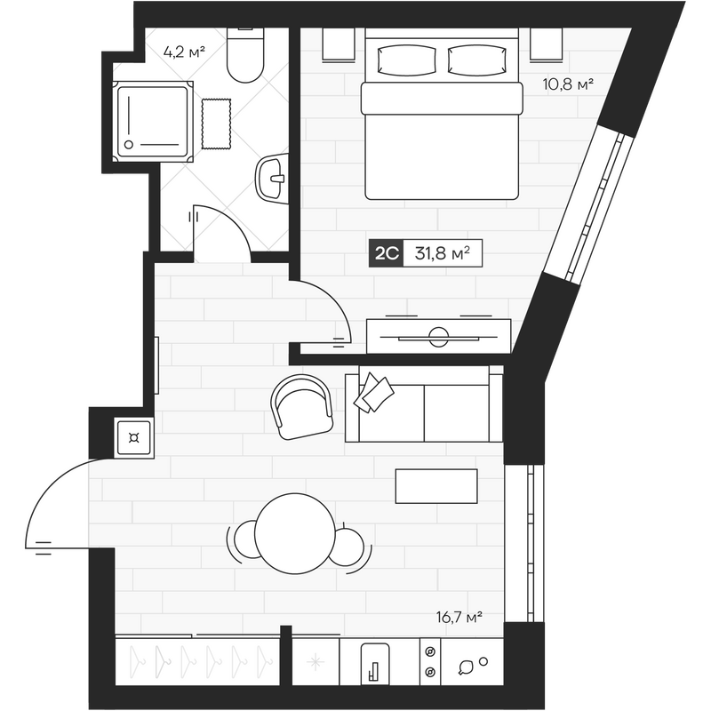 Планировка 2е-к.кв 31.75 м² в ЖК «Апартвилль на Кошурникова»