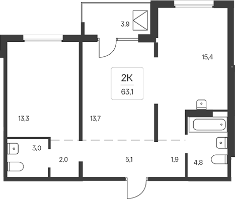 Планировка 2-к.кв 61.15 м² в ЖК «Эко-квартал на Кедровой»