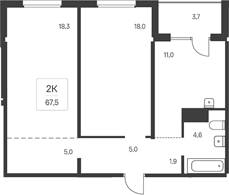 Планировка 2-к. квартира 65.65 м² в ЖК «Эко-квартал на Кедровой»