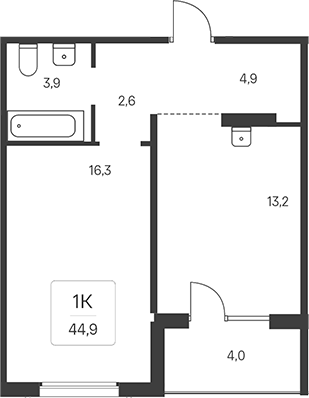 Планировка 1-к.кв 42.90 м² в ЖК «Эко-квартал на Кедровой»