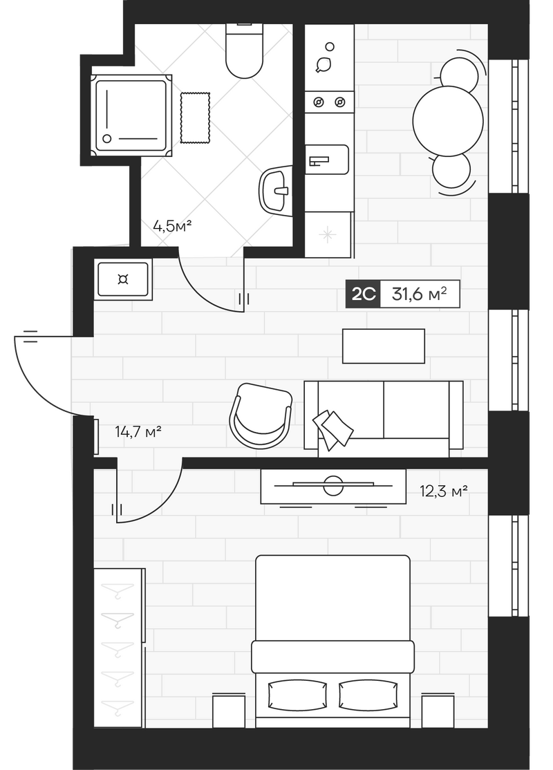 Планировка 2е-к.кв 31.57 м² в ЖК «Апартвилль на Кошурникова»