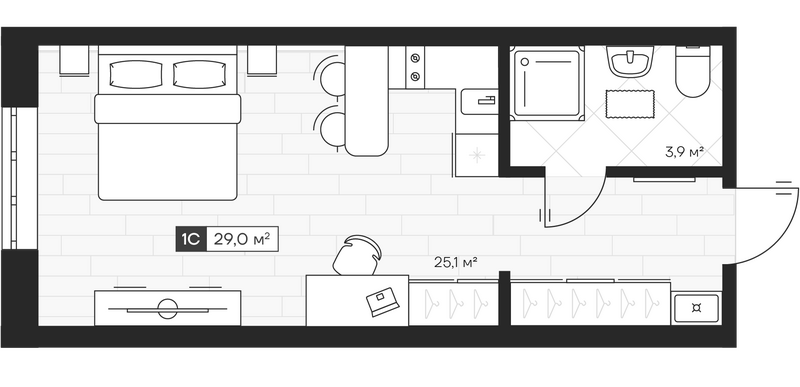 Планировка студии 28.99 м² в ЖК «Апартвилль на Кошурникова»