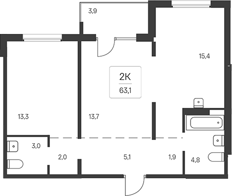 Планировка 2-к.кв 61.15 м² в ЖК «Эко-квартал на Кедровой»