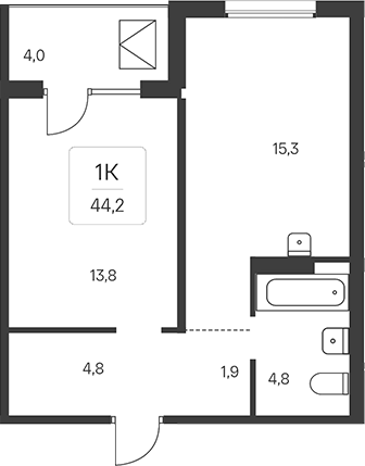 Планировка 1-к.кв 42.20 м² в ЖК «Эко-квартал на Кедровой»