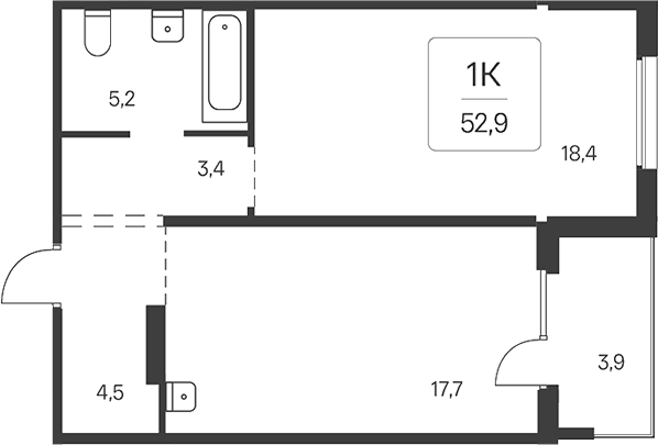 Планировка 1-к. квартира 50.95 м² в ЖК «Эко-квартал на Кедровой»