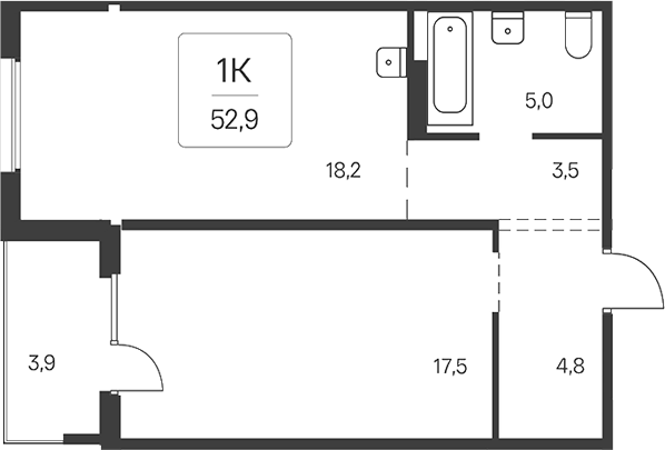 Планировка 1-к. квартира 50.95 м² в ЖК «Эко-квартал на Кедровой»