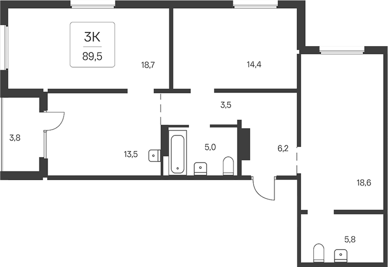 Планировка 3-к. квартира 87.60 м² в ЖК «Эко-квартал на Кедровой»