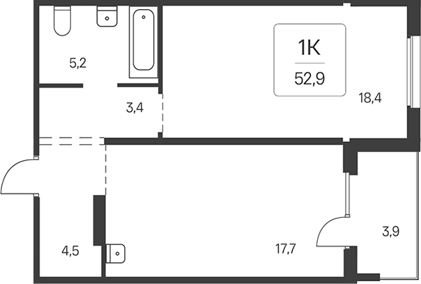 Планировка 1-к. квартира 50.95 м² в ЖК «Эко-квартал на Кедровой»