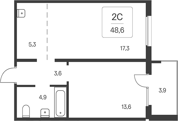 Планировка 2е-к.кв 46.65 м² в ЖК «Эко-квартал на Кедровой»