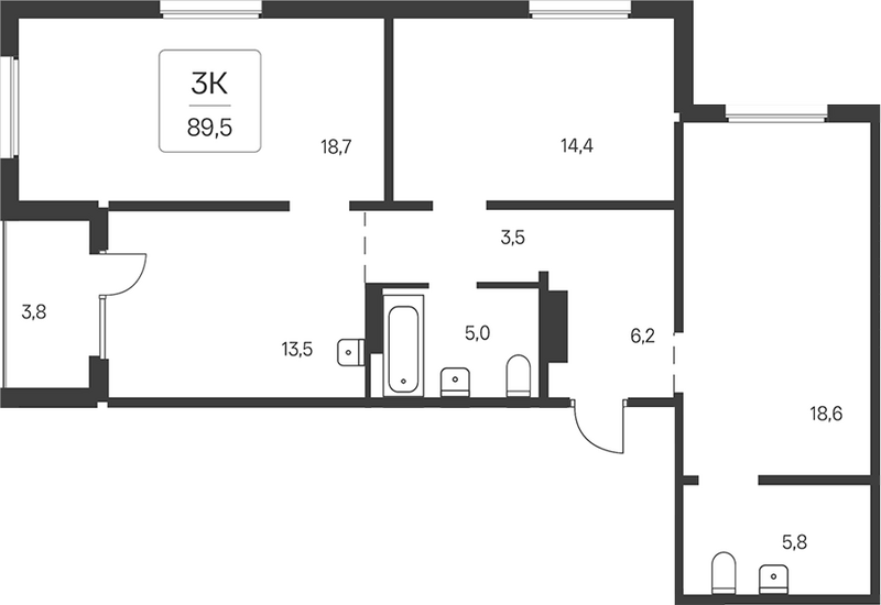 Планировка 3-к.кв 87.60 м² в ЖК «Эко-квартал на Кедровой»