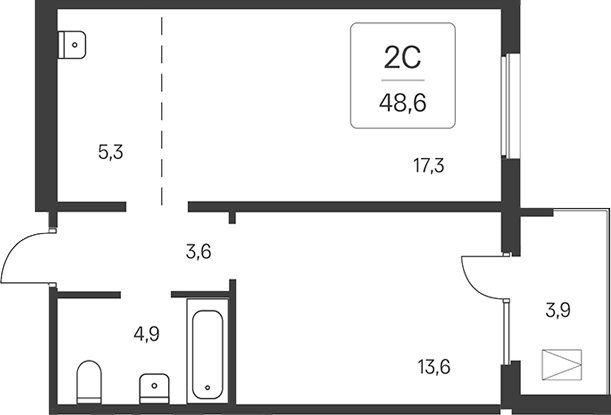 Планировка 2е-к.кв 46.65 м² в ЖК «Эко-квартал на Кедровой»