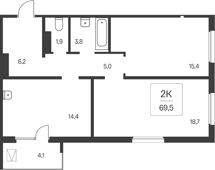 Планировка 2-к.кв 67.45 м² в ЖК «Эко-квартал на Кедровой»