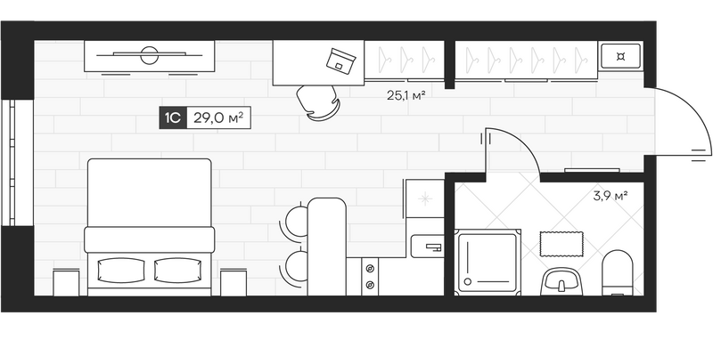 Планировка студии 28.99 м² в ЖК «Апартвилль на Кошурникова»