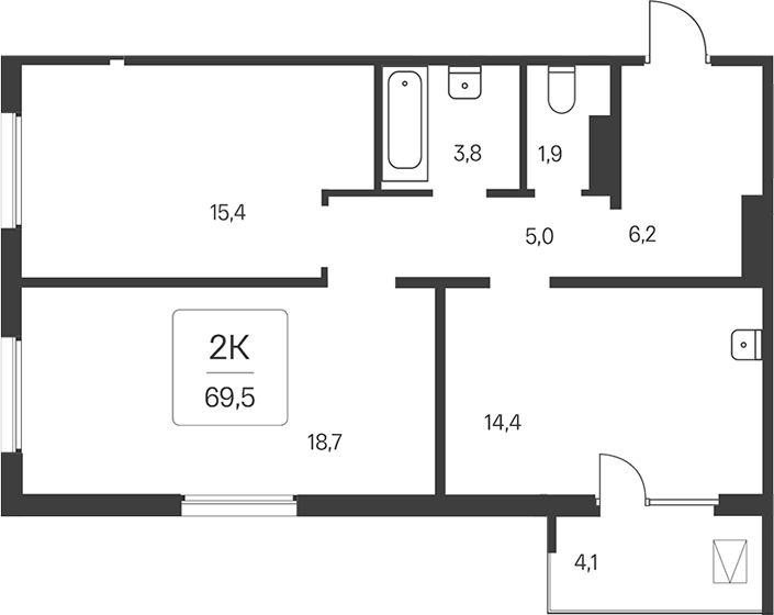 Планировка 2-к.кв 67.45 м² в ЖК «Эко-квартал на Кедровой»