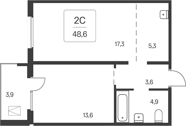 Планировка 2е-к.кв 46.65 м² в ЖК «Эко-квартал на Кедровой»