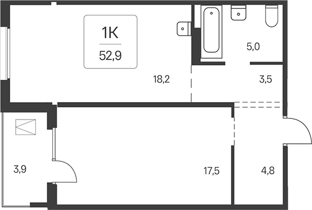 Планировка 1-к.кв 50.95 м² в ЖК «Эко-квартал на Кедровой»