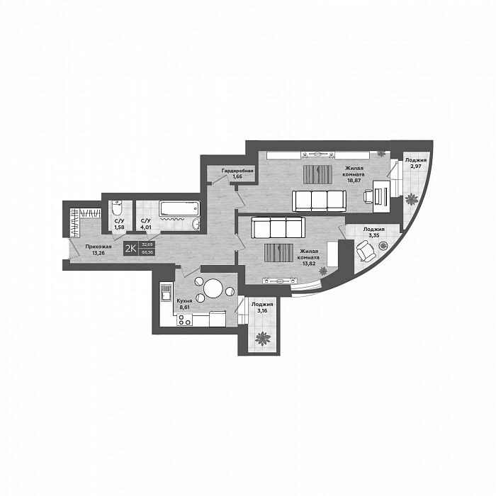 Планировка 2-к.кв 61.81 м² в ЖК «Сосны»