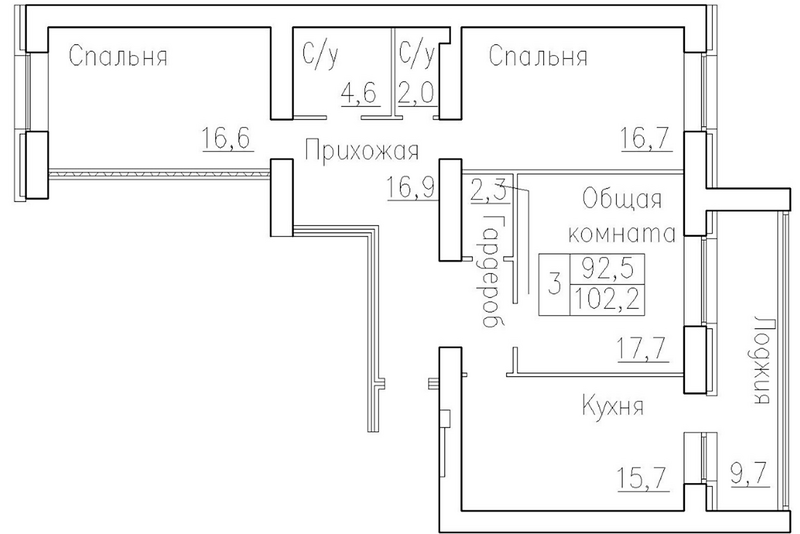 Планировка 3-к.кв 92.50 м² в ЖК «Кольца»