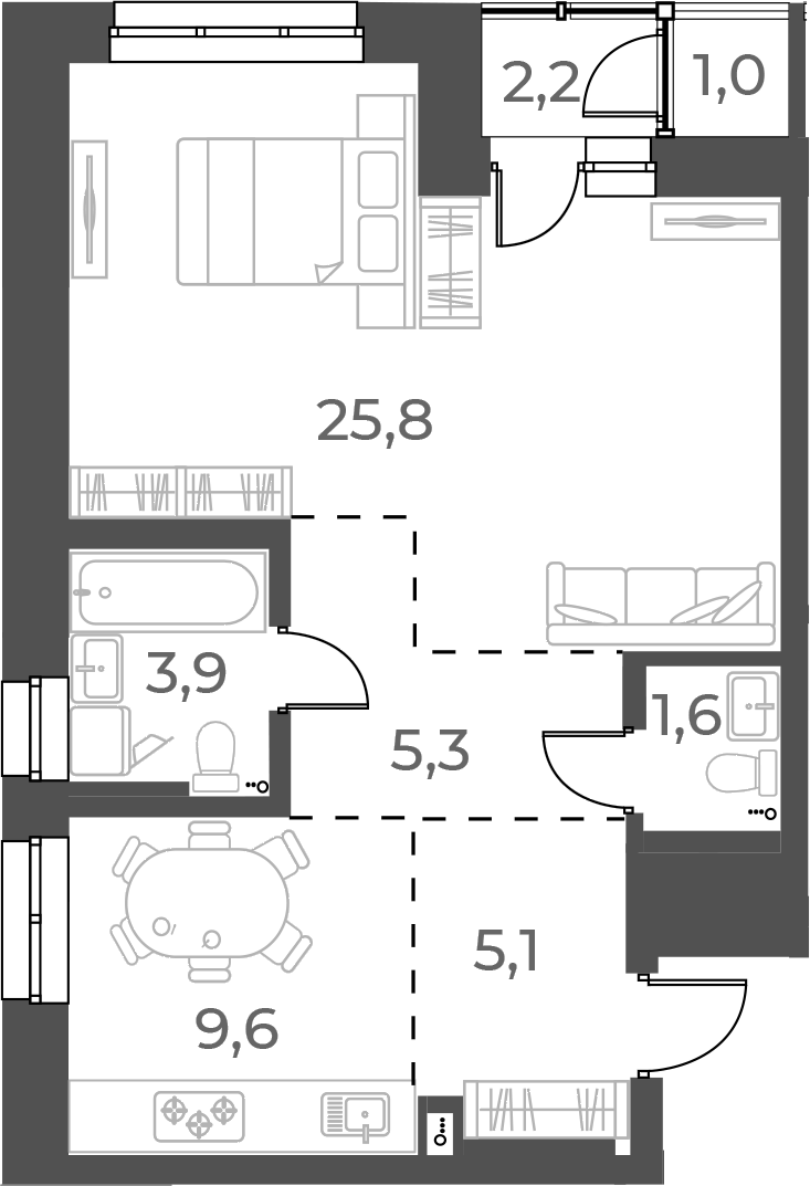 Планировка 1-к.кв 51.30 м² в ЖК «Нормандия-Неман»