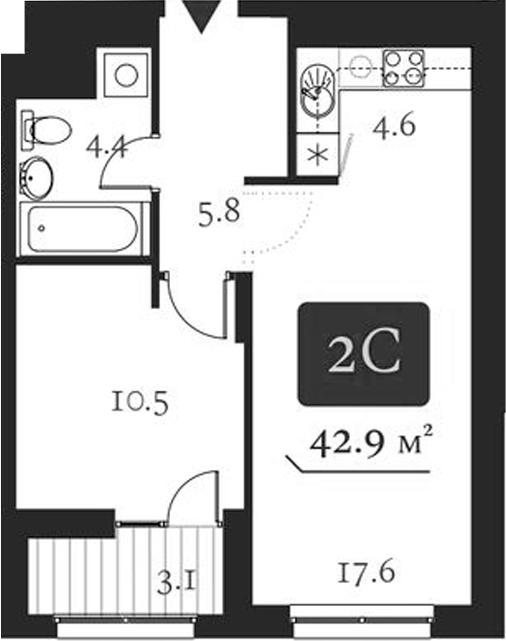Планировка 2е-к.кв 42.90 м² в ЖК «Нобель»