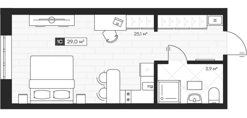 Планировка студии 28.90 м² в ЖК «Апартвилль на Кошурникова»