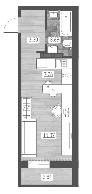 Планировка студии 25.32 м² в ЖК «Радуга Сибири»
