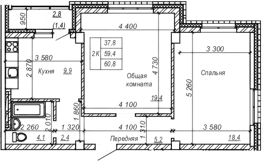 Планировка 2-к.кв 59.40 м² в ЖК «Серебряный ключ»