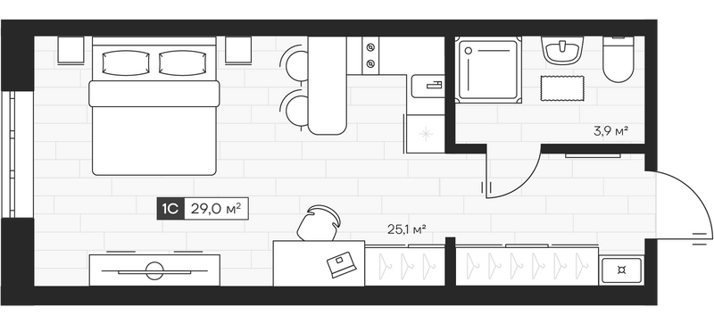 Планировка студии 28.99 м² в ЖК «Апартвилль на Кошурникова»