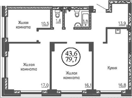Планировка 3-к.кв 79.70 м² в ЖК «RED FOX»