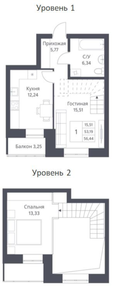 Планировка 2-к.кв 53.19 м² в ЖК «Фора»