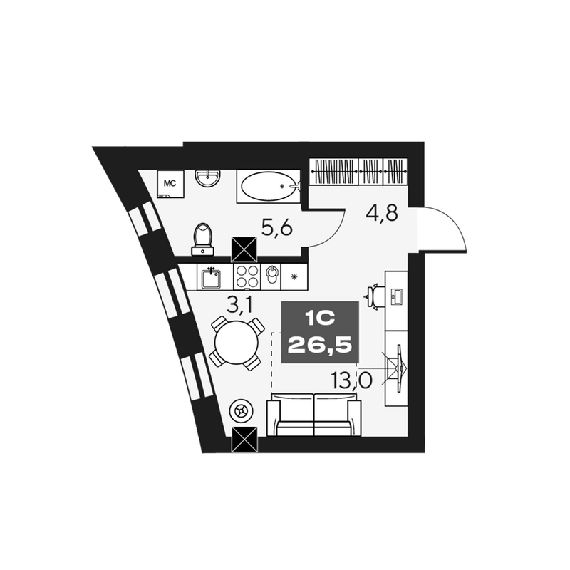 Планировка студии 26.50 м² в ЖК «МАКИ, апарты с амбициями»