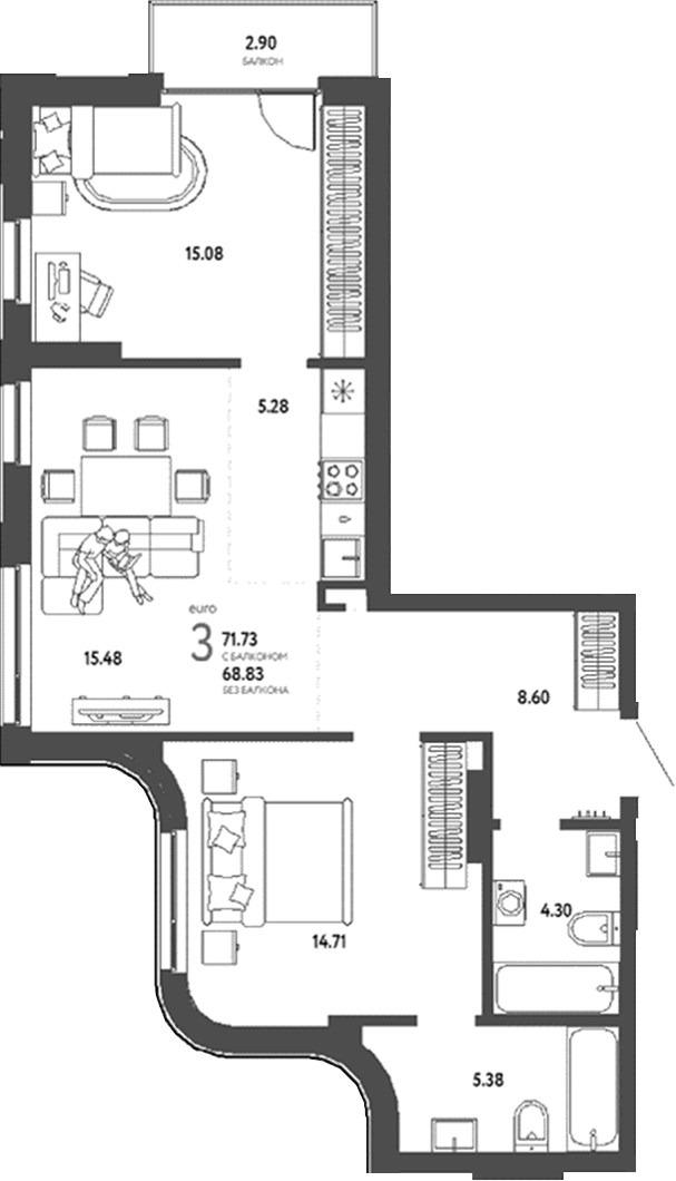 Планировка 3е-к.кв 68.83 м² в ЖК «Страна. Береговая»