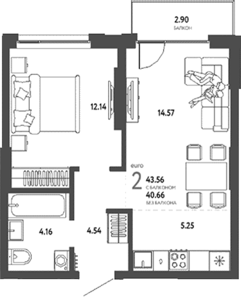Планировка 2е-к. квартира 40.66 м² в ЖК «Страна. Береговая»